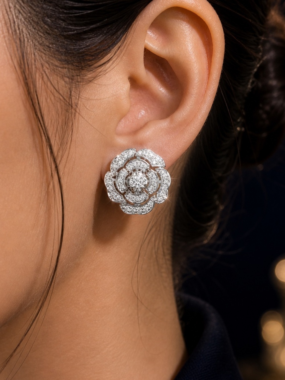 Luxury Elegant Crystal Floral Rose Stud Earrings in Silver Tone